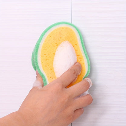 Thickened sponge scouring pad set with 4 fruit-inspired designs for multi-functional decontamination cleaning and dishwashing tasks.