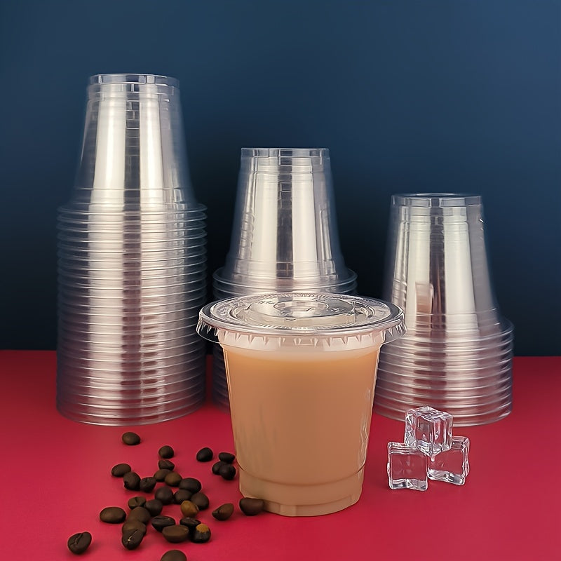 Set of 50 disposable plastic cups with lids, available in 12oz/360ml and 16oz/500ml sizes. Perfect for serving coffee, cold drinks, beverages, water, juice at home, restaurants, hotels, parties, picnics, weddings, and gatherings. A must-have party supply!