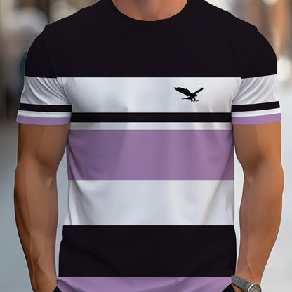 Men's Fashion Striped Polyester T-Shirt with Crew Neck and Short Sleeves, 3D Digital Print, Weekend Casual Wear, Breathable and Stylish.