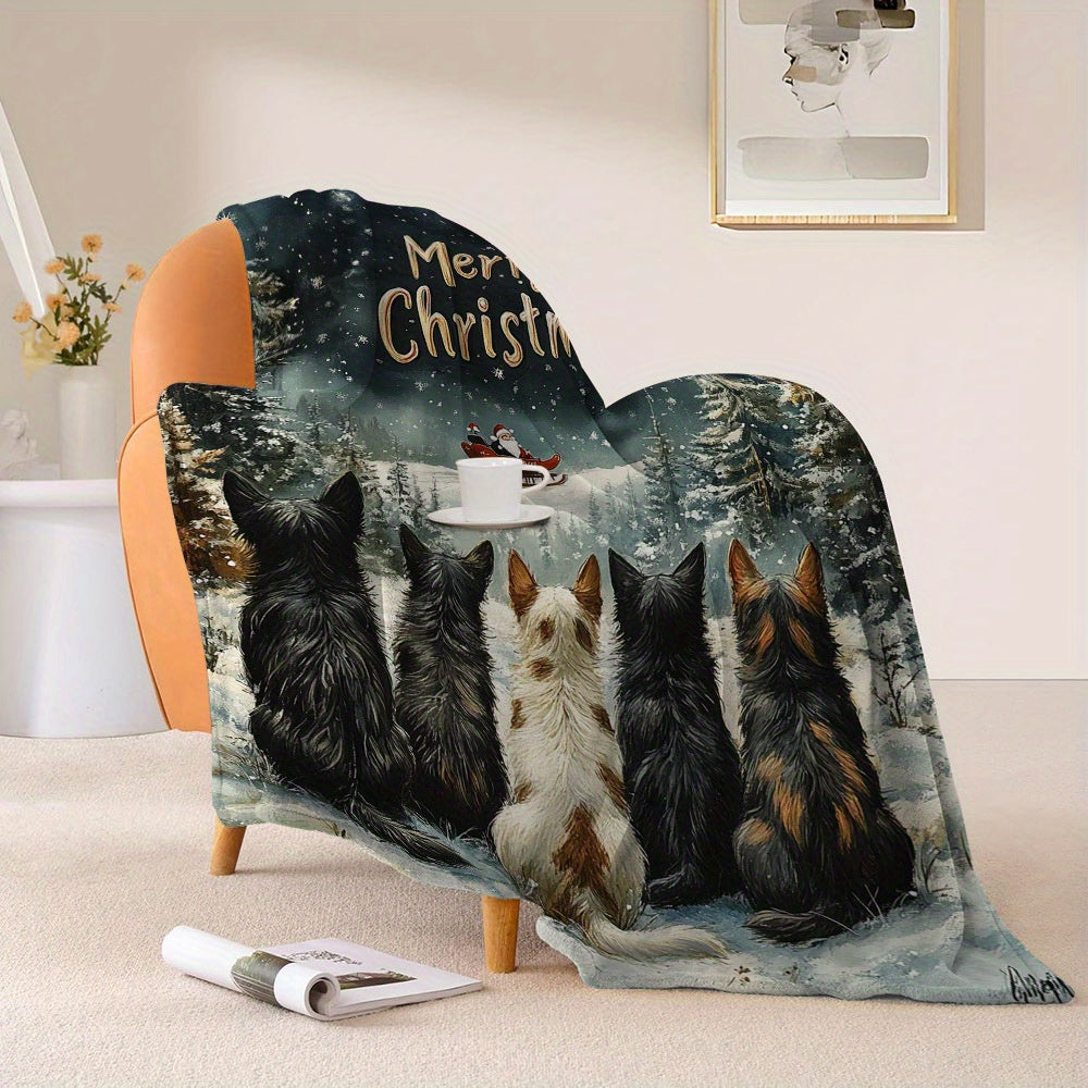 Soft and cozy Merry Christmas dog print flannel fleece throw blanket perfect for all seasons. This machine washable and breathable blanket is made of 200-250g polyester that is fade-resistant. With a contemporary style, this multi-purpose bed cover can