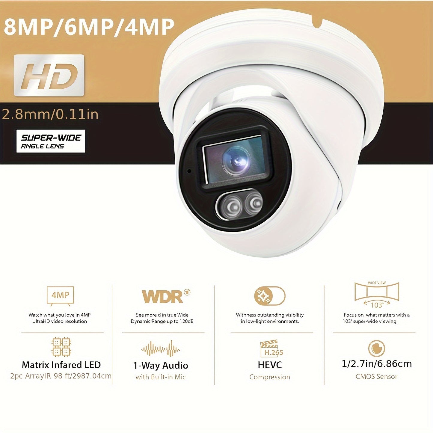 4K/8MP, 6MP, 2K/4MP Dome Camera with audio for indoor and outdoor use. Features POE, H.265 compression, wide 2.8mm lens, and full-color night vision. Compatible with NVR, easy installation