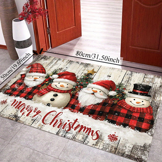 Christmas plush rug featuring Santa and a snowman, with a weight of 930gsm and a thickness of 5mm. Includes non-slip backing and is machine washable. Suitable for use in the living room, bedroom, kitchen, and for indoor/outdoor use.