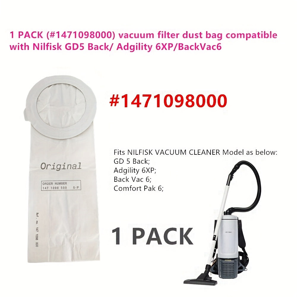 Pack of 1 Nilfisk Vacuum Cleaner Dust Bag and HEPA Filter Set, Compatible with GD5, Adgility 6XP, BackVac6, Made of Paper and Cloth Materials (#1471098000)