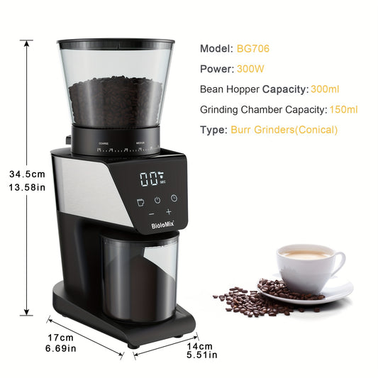 Biolomix Conical Burr Electric Coffee Grinder with 30 Precision Settings for various brewing methods. Made with food-grade plastic, 220-240V.