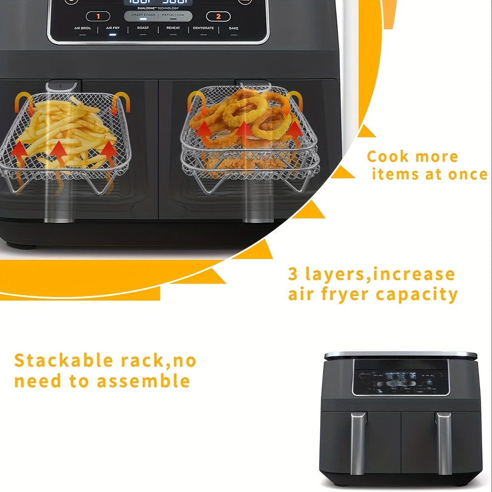 Rectangular 304 Stainless Steel Air Fryer Grill with Vegetable and Fruit Dehydrator Rack, Grilling Net, and 3 Stackable Fryer Accessories. 
Perfect for Grilling, Baking, and Cooking in the Oven. Ideal for Kitchen Baking and Dehydrating.