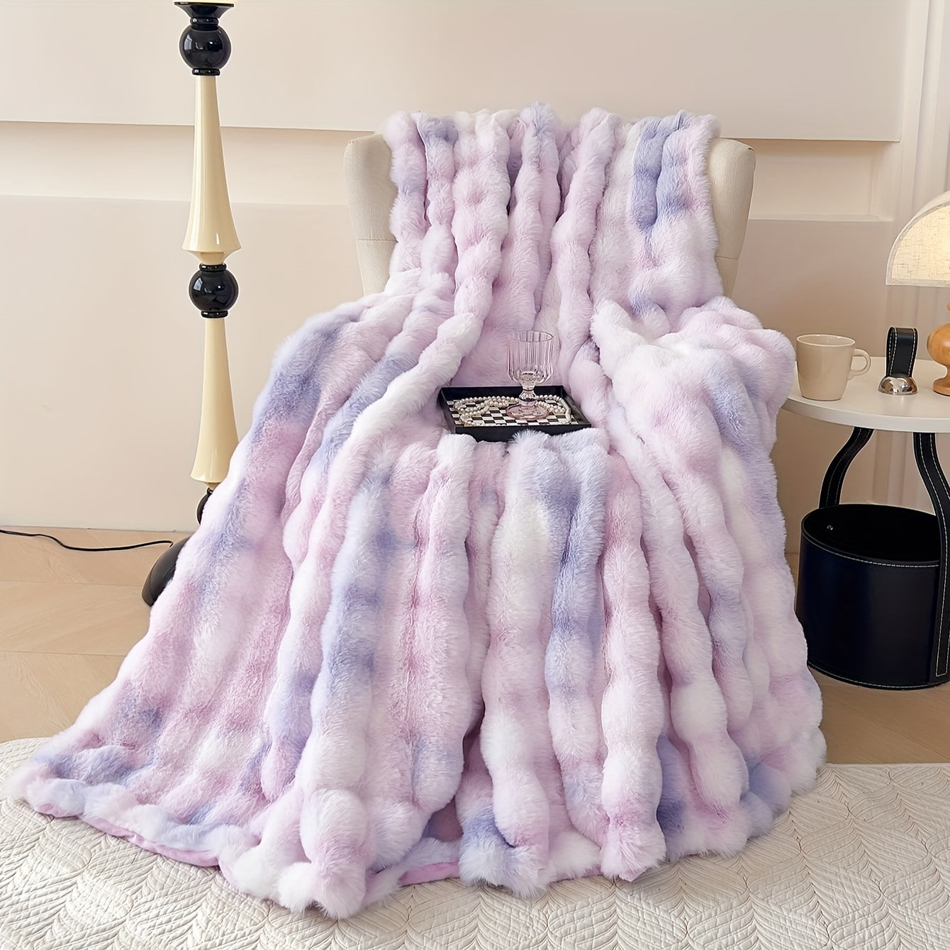 One piece of tie-dye faux rabbit fur blanket with shaggy short plush material for a soft, fluffy bed or sofa blanket, perfect for cozy naps and throws.