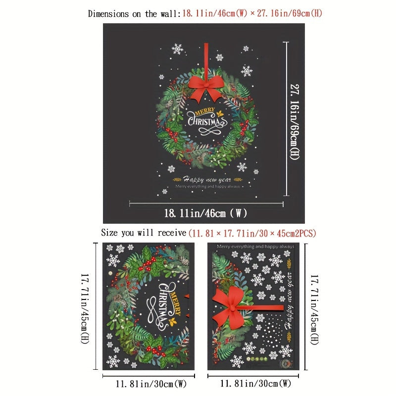 Set of 2 Christmas Wreath Window Clings - Easy to Apply, No Electricity Required, Contemporary Holiday Decoration for Store Windows & Glass Doors