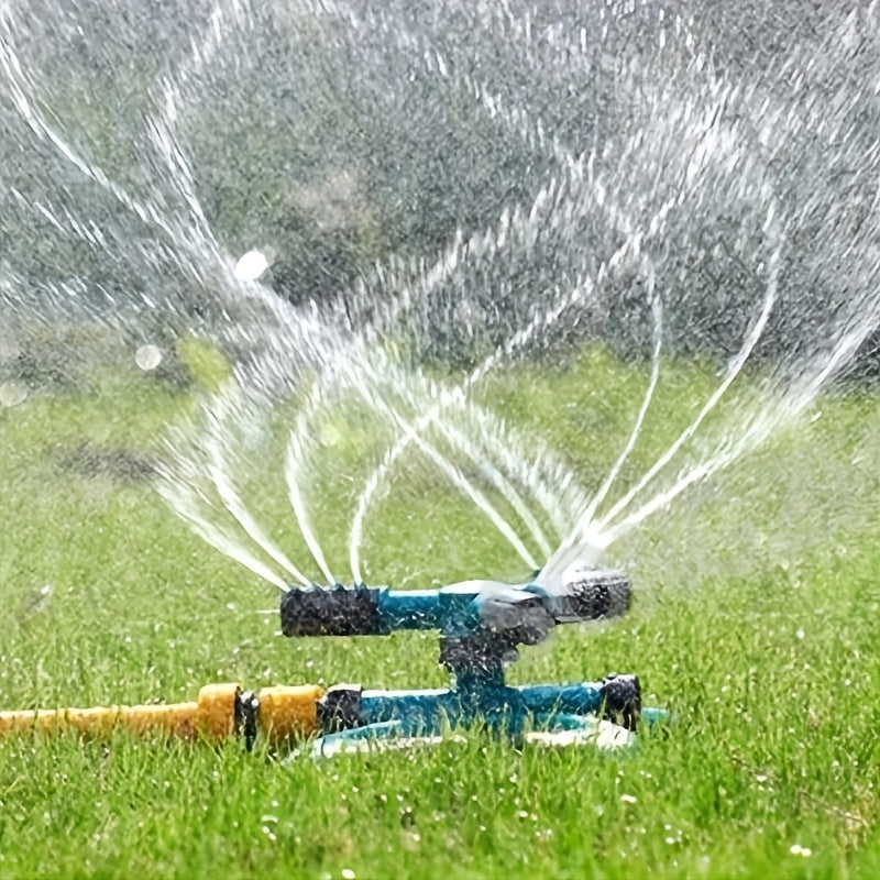 Durable garden sprinkler with 360-degree rotation for efficient watering of lawns and plants, easy to set up and water-saving.