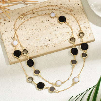 Stylish Long Layered Necklace designed for Women, Features a Minimalistic Iron Chain adorned with Plastic Gemstones, Perfect for both Everyday Wear and Special Occasions, Complete your Look with this fashionable Jewelry Ensemble.