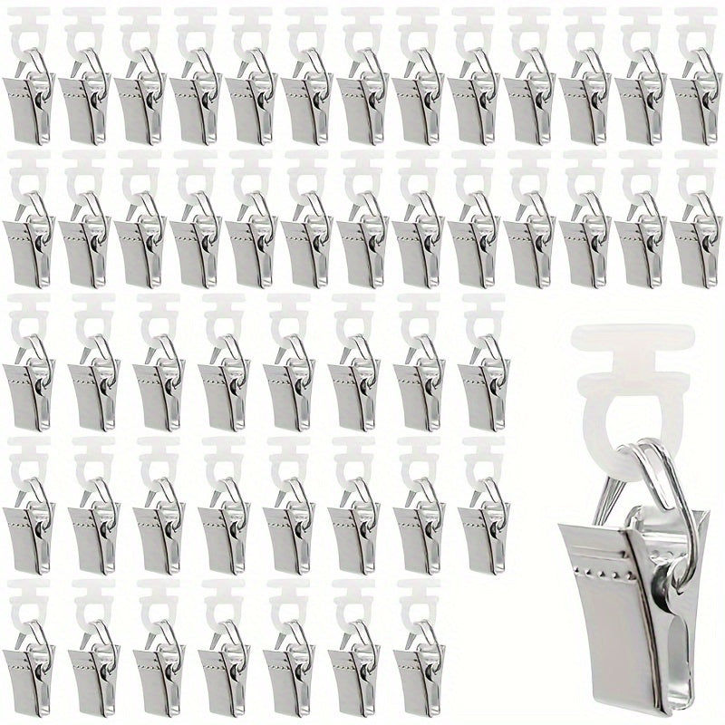 A set of 50 stainless steel curtain clip rings featuring a classic style, roller balls, and serrated clasp design for added security.