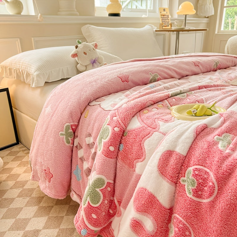 Ultra-Soft Pink Strawberry & Bear Pattern Blanket - Perfect for Sofa, Bed, & Naps - Cozy All-Season Throw - Machine Washable 100% Polyester - Whimsical Home Decor - Charming Aesthetic - Comfortable Blanket for Bed and Naps