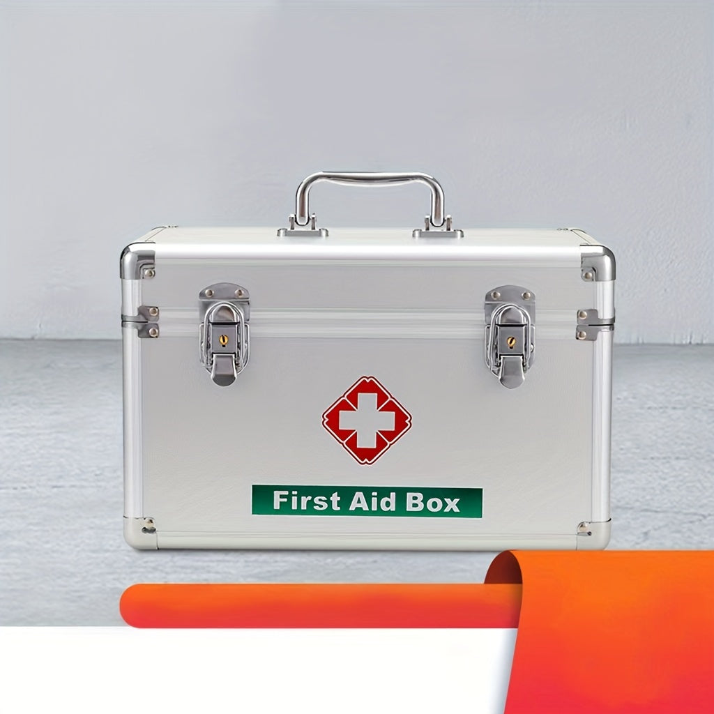 Portable aluminum first aid kit with multiple storage layers for indoor and outdoor use.