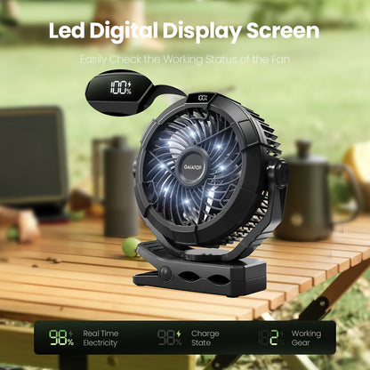 Portable camping fan with LED lights, rechargeable USB fan with long standby time, 360° rotating fan, LED display and hook for convenient hanging, clip-on design suitable for tent, bedroom, and outdoor use.