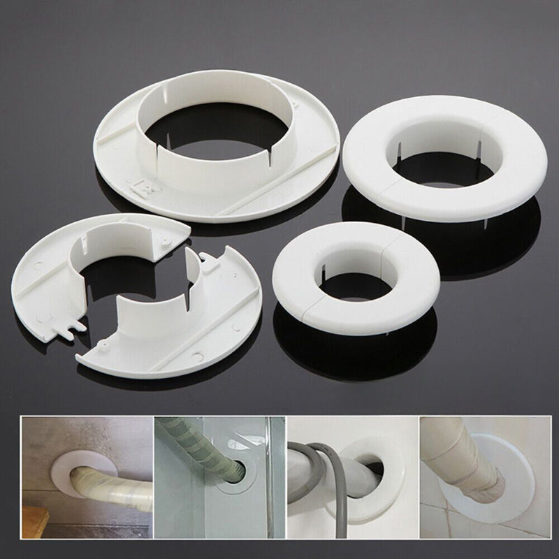 Set of four white plastic covers for air conditioner holes, made of PP material. These decorative caps are designed to protect wall-mounted pipes with hole sizes of 5.0cm, 5.99cm, 7.01cm, and 8.0cm.