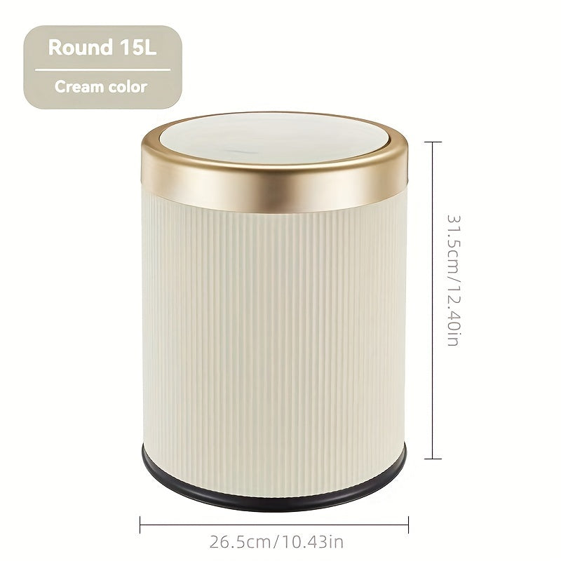 Cylindrical covered trash can for kitchen, bedroom, and living room with manual lifting lid.