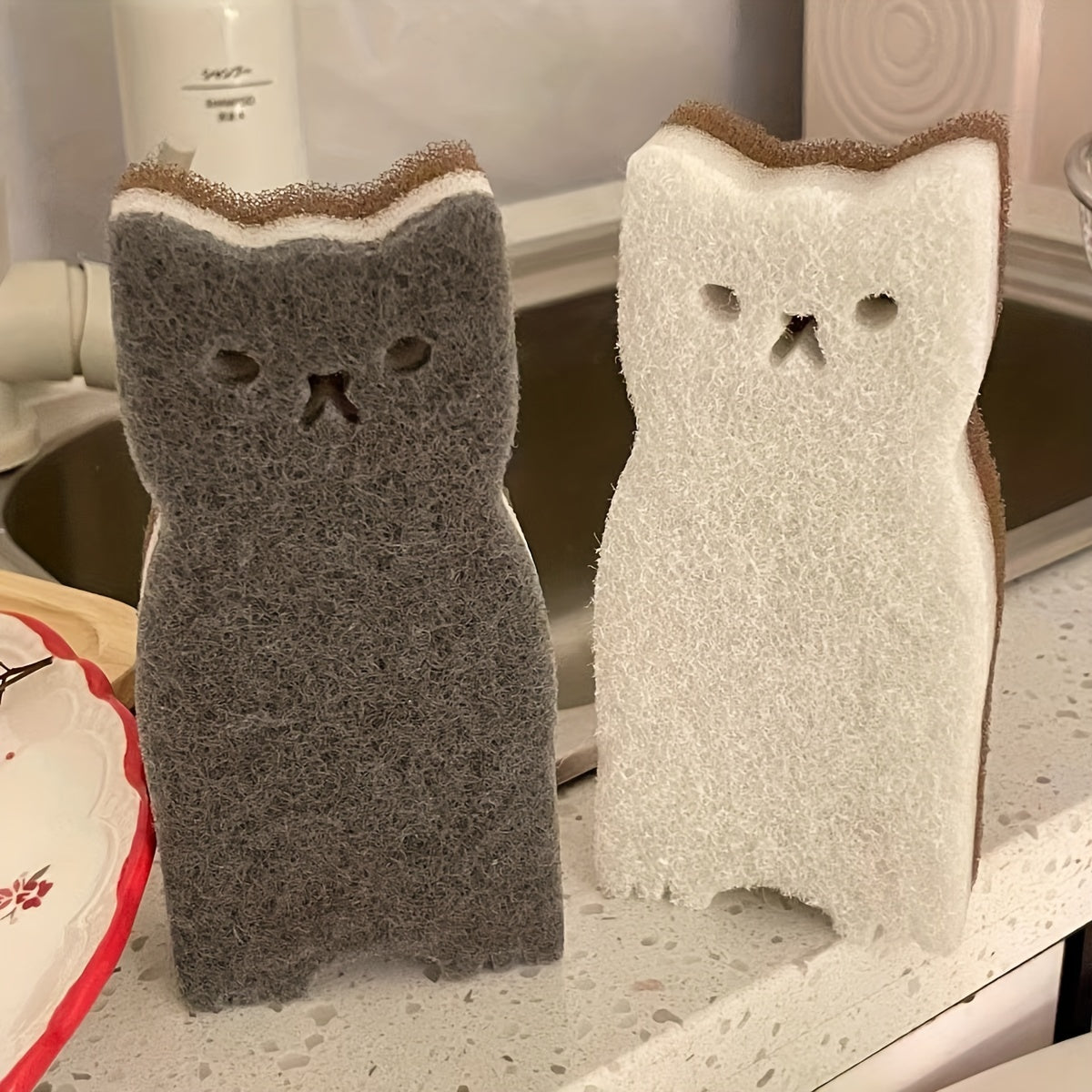 4 piece cat sponge set for kitchen - durable tools for dishwashing and cleaning.