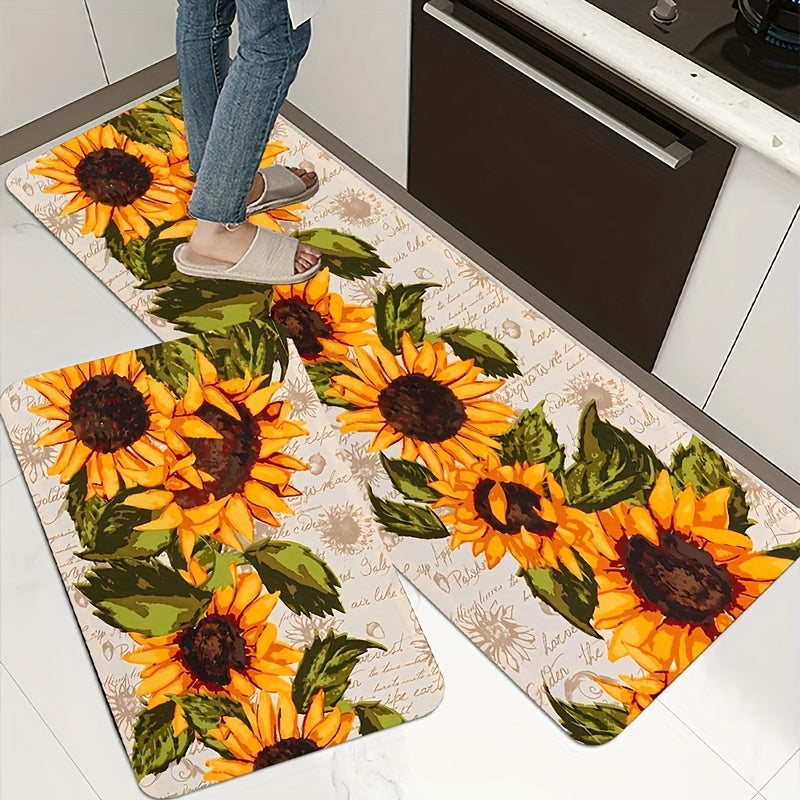 One piece Sunflower Print Kitchen Floor Rug designed to resist dirt and water, machine washable for easy cleaning. Can be used as an Entrance Doormat, Kitchen and Living Room Carpet, or Laundry and Bathroom Water-absorbing Floor Carpet.