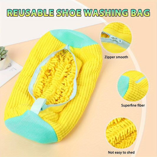 Multi-functional laundry bag designed to clean various types and sizes of shoes - made from sturdy fabric with a zipper closure, ideal for machine washing and drying, equipped with utility hooks.