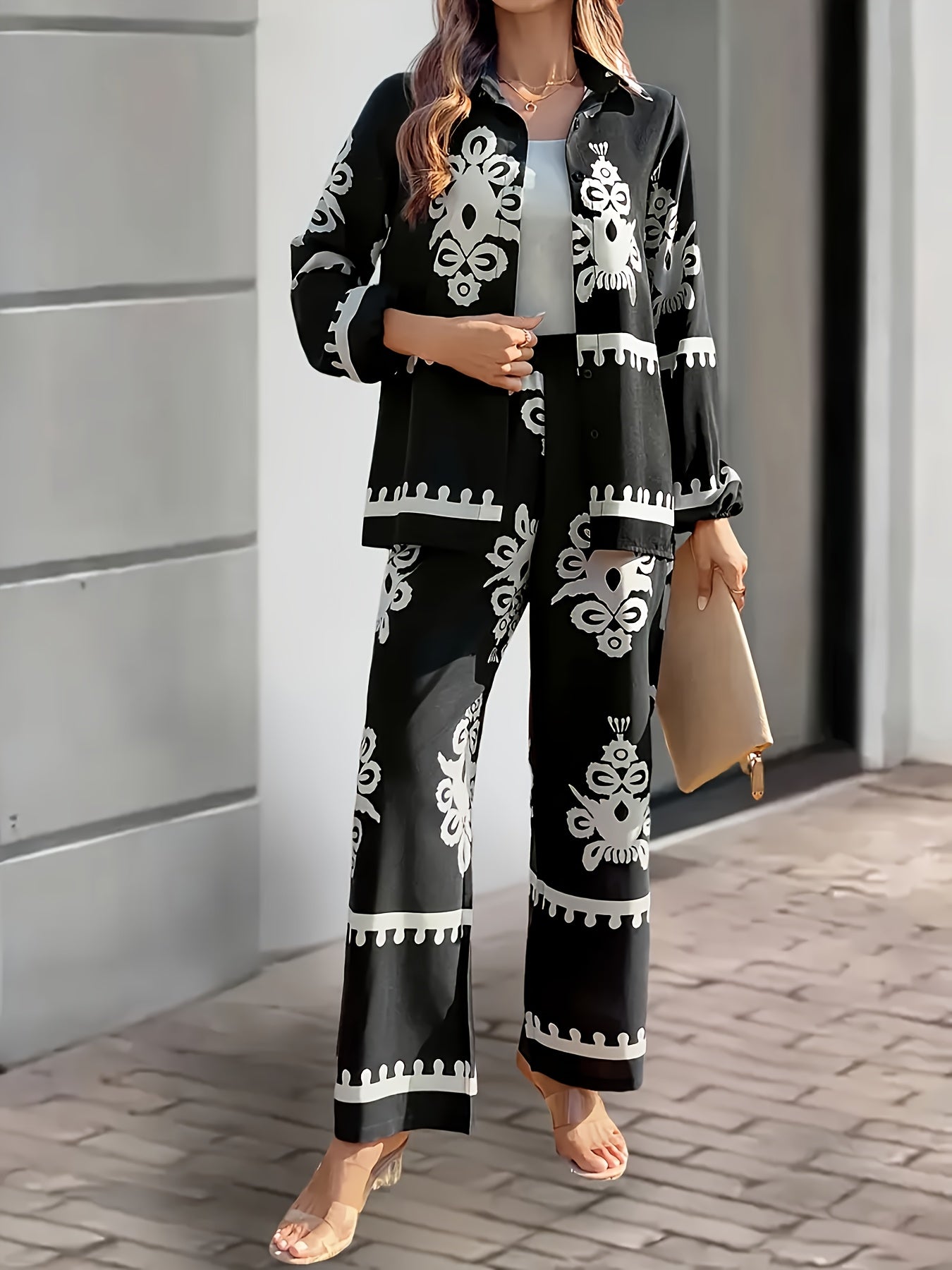 Women's Tribal Print Two-Piece Set, Long Sleeve Top and Pants, 100% Polyester, Lapel Collar, Spring/Summer 2071