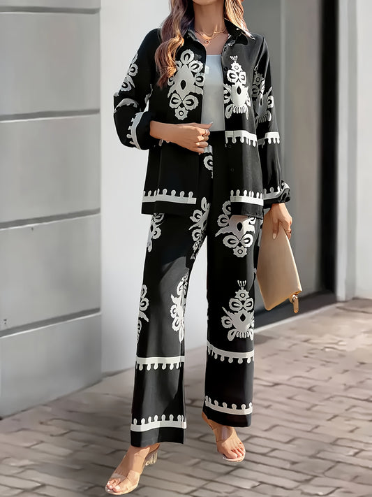 Women's Tribal Print Two-Piece Set, Long Sleeve Top and Pants, 100% Polyester, Lapel Collar, Spring/Summer 2071