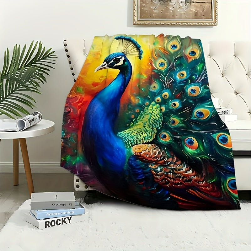 Stay cozy all year round with this versatile Peacock Print Flannel Throw Blanket. Perfect for those with allergies, this hand washable blanket features a stunning woven digital print that can be used in any season. Ideal for adding a touch of style to