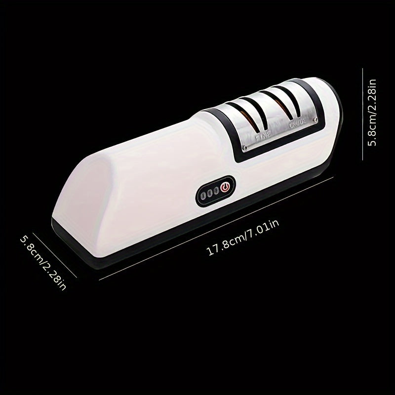 Cop Rose presents a USB rechargeable electric knife sharpener designed for precision sharpening in the kitchen. This compact and automatic gadget features 2-speed adjustment for versatile use. It is a multifunctional household tool and a sharpening stone