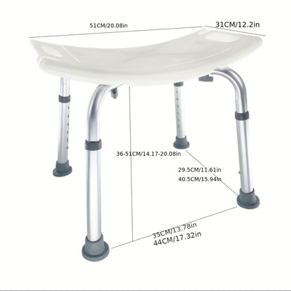 Adjustable shower chair for seniors/disabled with tool-free assembly and non-slip feet. Supports up to 158.76KG.