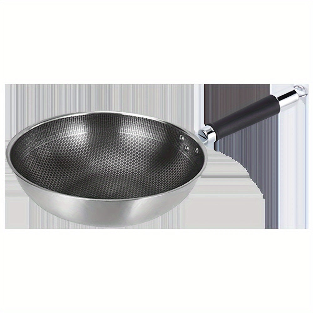 One high-quality stainless steel honeycomb wok with a reinforced glass lid - features non-stick, food-safe cast iron and a standable design for convenient storage.