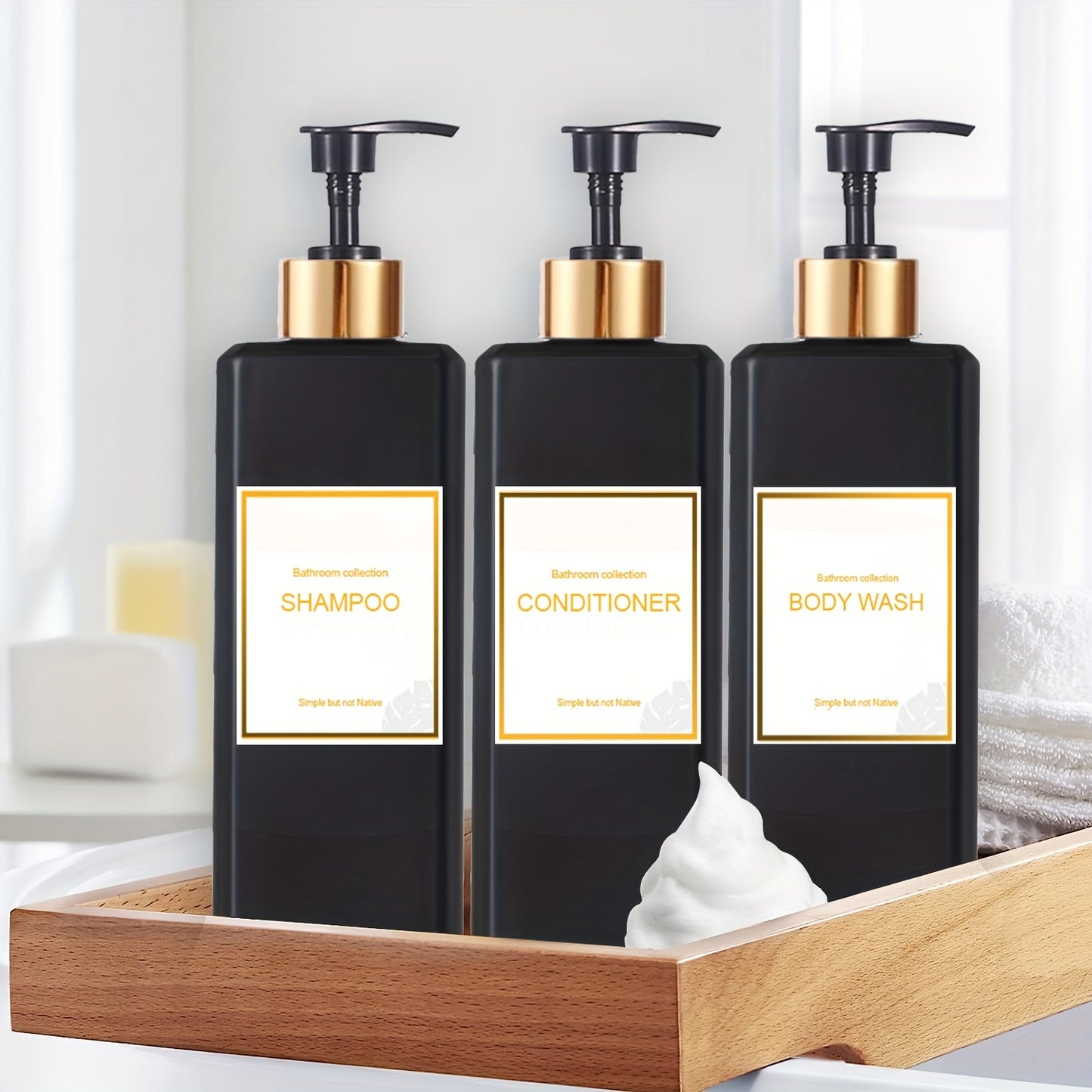 3-piece soap dispenser set with waterproof labels, ideal for bathroom accessories and home decor.