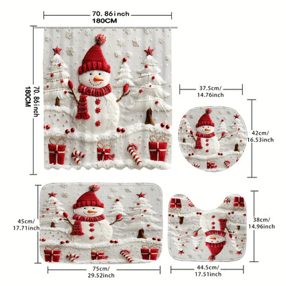 Christmas snowman shower curtain set with bath mat, toilet lid cover, and rug made of polyester fabric featuring a digital print design. Waterproof and cordless design with 12 hooks included.