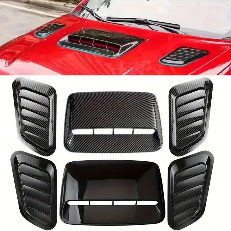 Set of 3 car hood ventilation scoops with polished plastic air outlet, front engine hood spoiler design kit for automotive exterior modification.