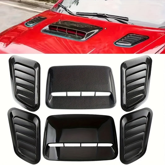 Set of 3 car hood ventilation scoops with polished plastic air outlet, front engine hood spoiler design kit for automotive exterior modification.