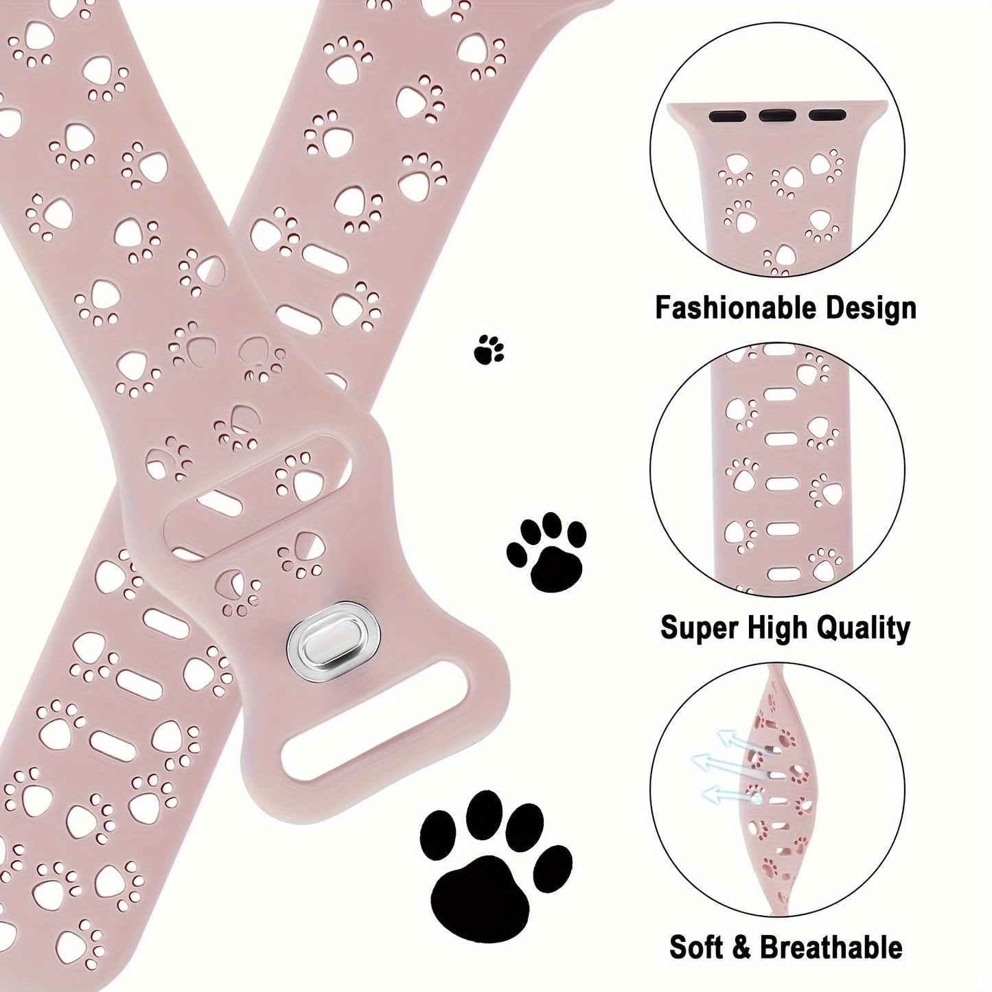 Silicone animal paw print watch band compatible with Apple Watch series 1-9, SE, Ultra, Ultra 2, S10, water-resistant, soft, breathable, casual style, includes buckle.