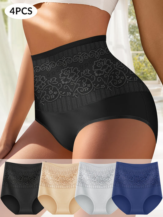 MIOTAN Jacquard Tummy Control Briefs, 4-pack, 92% Elastane, high waist, soft knit fabric, 200gsm, women's lingerie.