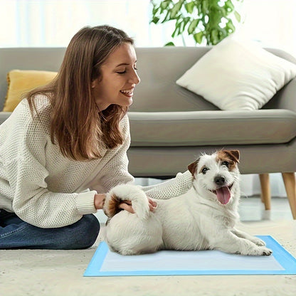 100-Pack disposable dog training pads, 43.69x32.99 cm, super absorbent, leak-proof, blue, woven material, for potty training.