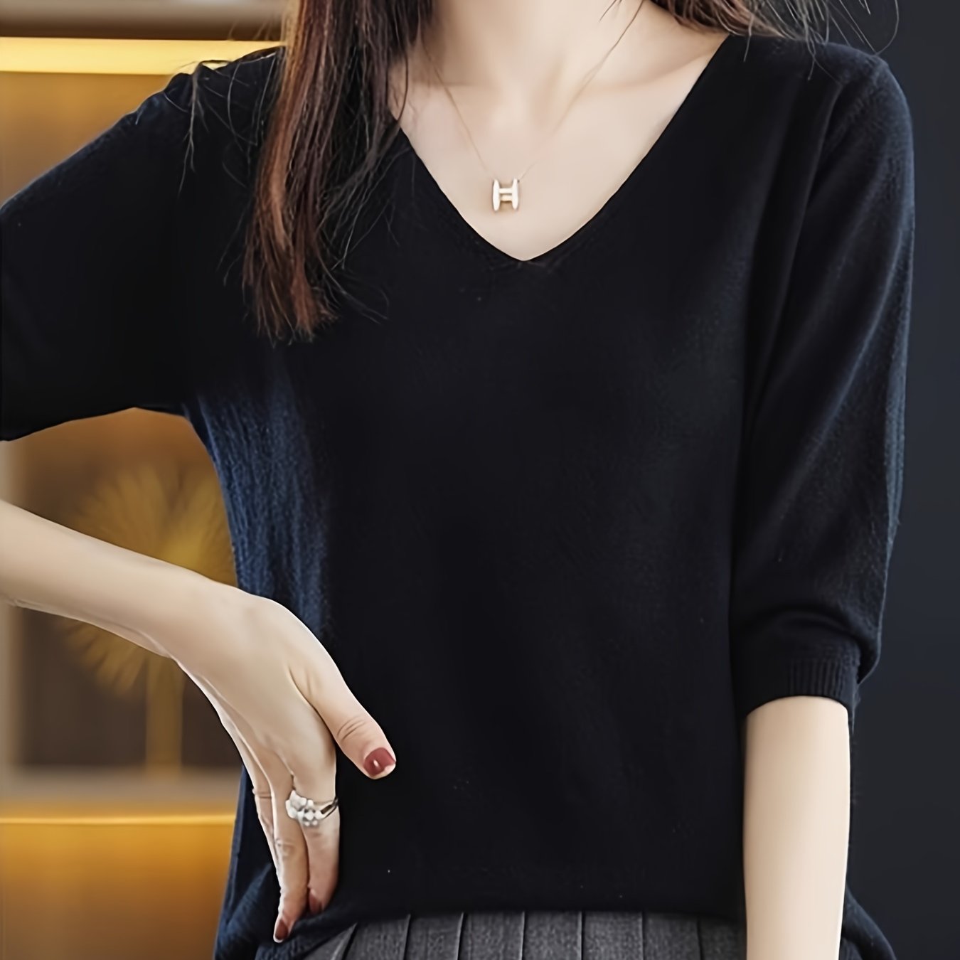 V-neck sweater in solid color, versatile half sleeve knit top for spring/fall, women's clothing.