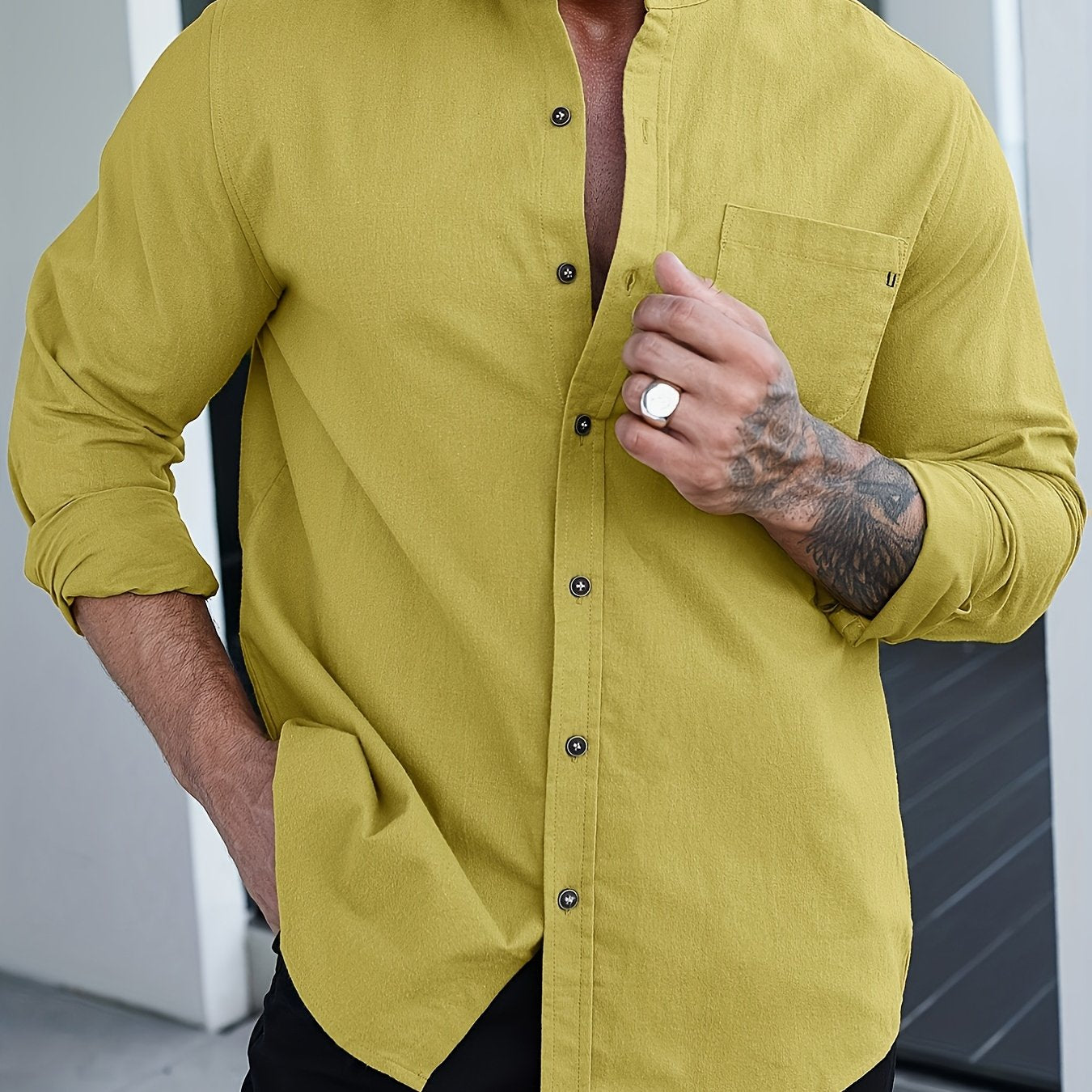 100% cotton men's casual button-down shirt with long sleeves, mandarin collar, solid color, regular fit, perfect for spring and fall seasons.