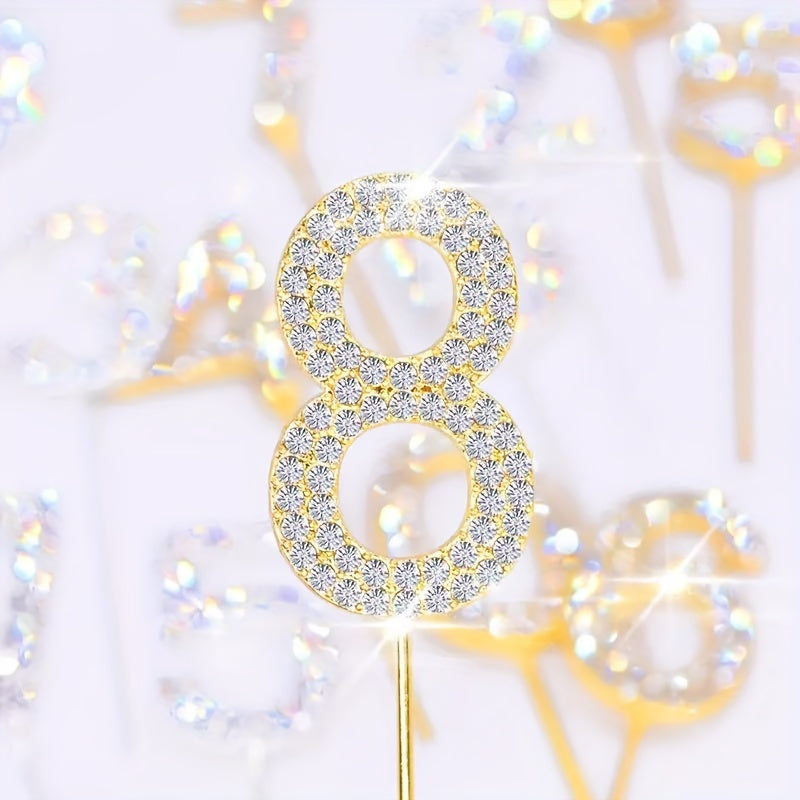 Rhinestone number cake topper in gold or silver, perfect for birthdays, showers, and weddings