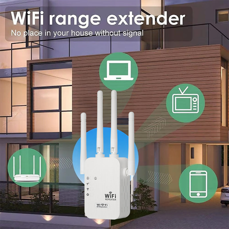 Wifi signal booster with Ethernet port, extends coverage up to 11,000 sq ft, supports 35+ devices, easy one-click setup.