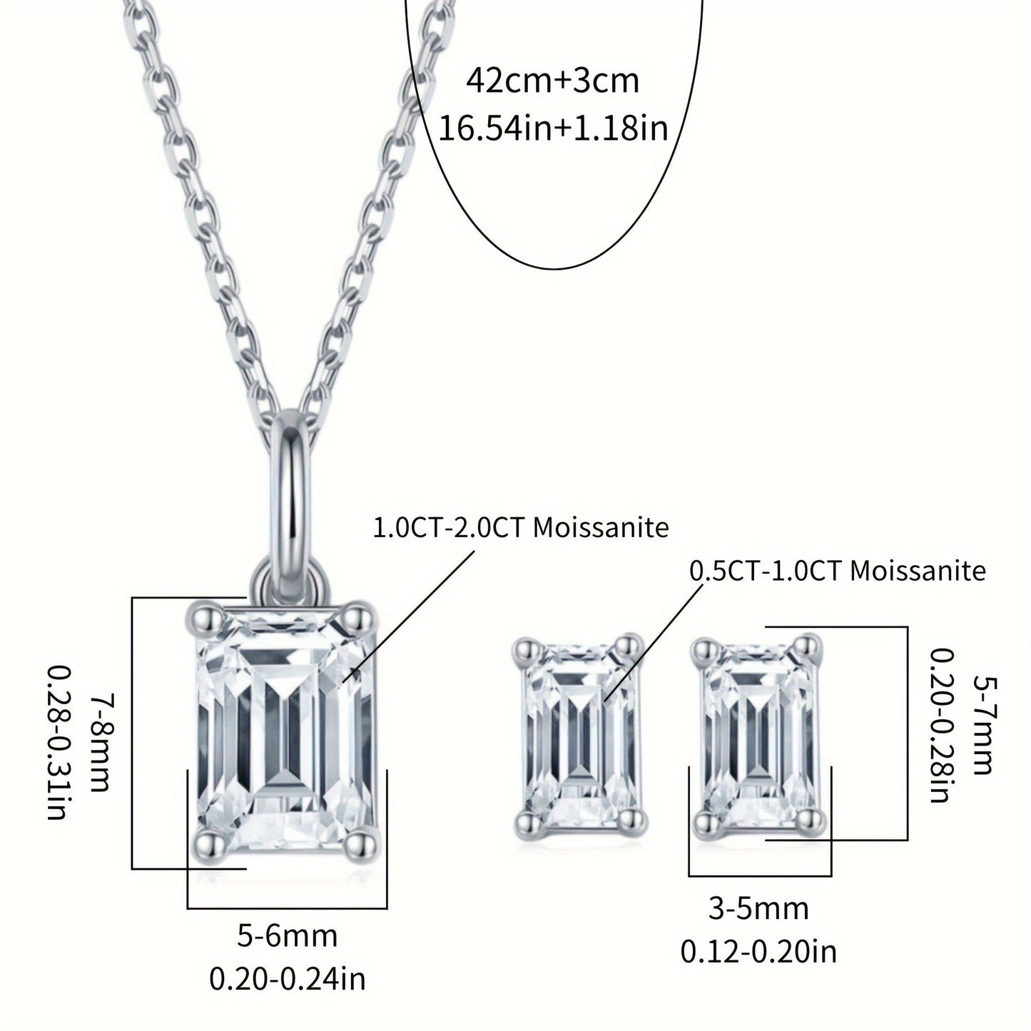 Add a touch of elegance with the PROLIANCE Elegant Moissanite Jewelry Set. This classic set includes a rectangular pendant necklace and stud earrings, both made with 925 sterling silver plating. Choose from 1.0-2.0CT for the pendant and 0.5-1.0CT for the