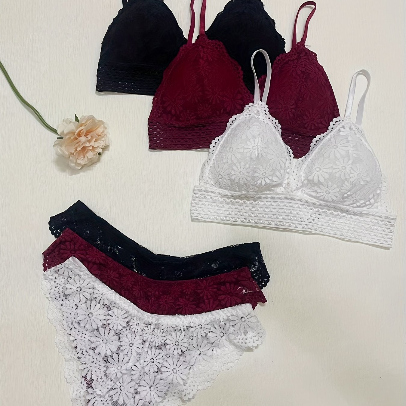 3-piece lace bra and panties set with contrast, scallop trim bralette and mesh thong lingerie set for women