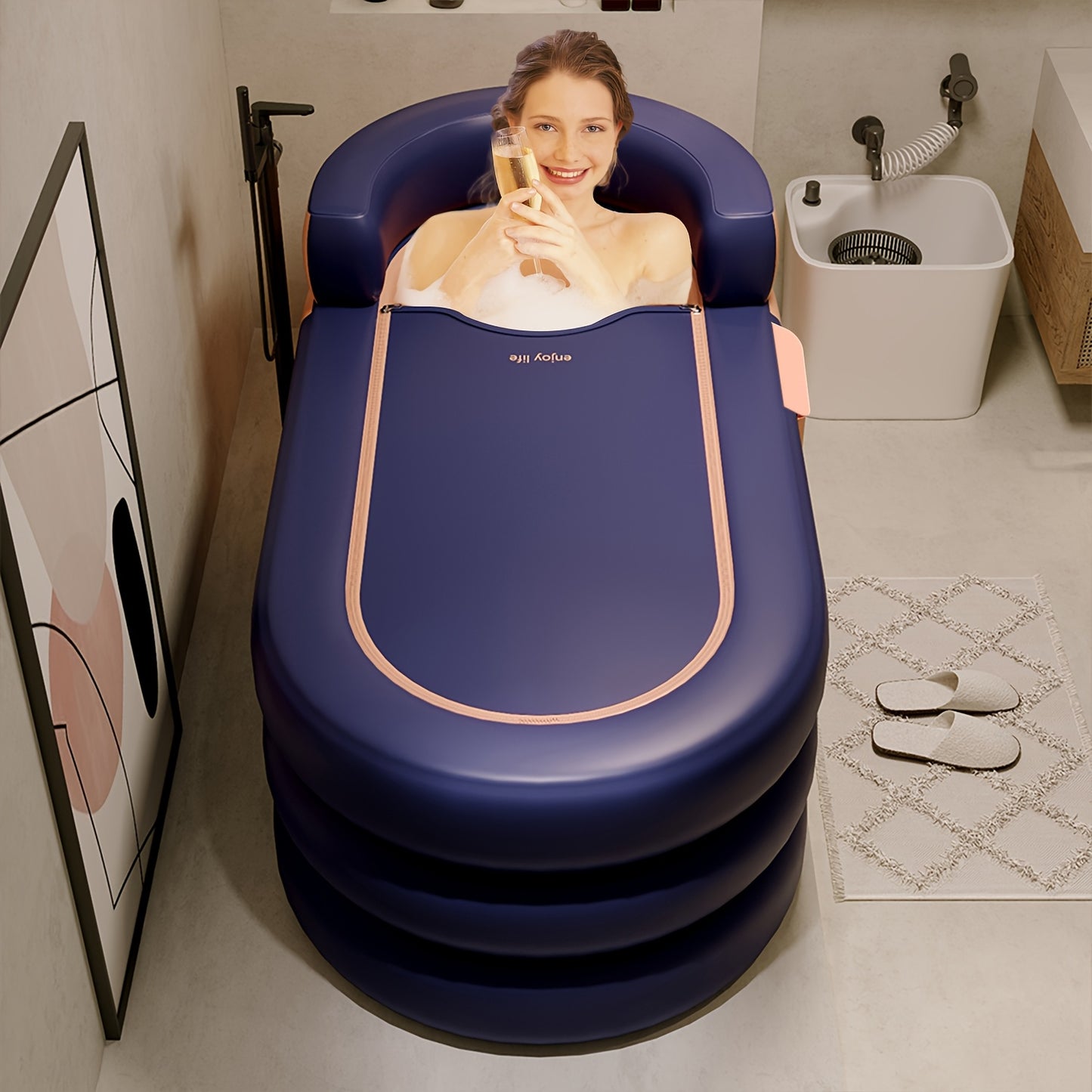 Portable and foldable spa bathtub with thick, easy-inflate and drain design for indoor/outdoor use.