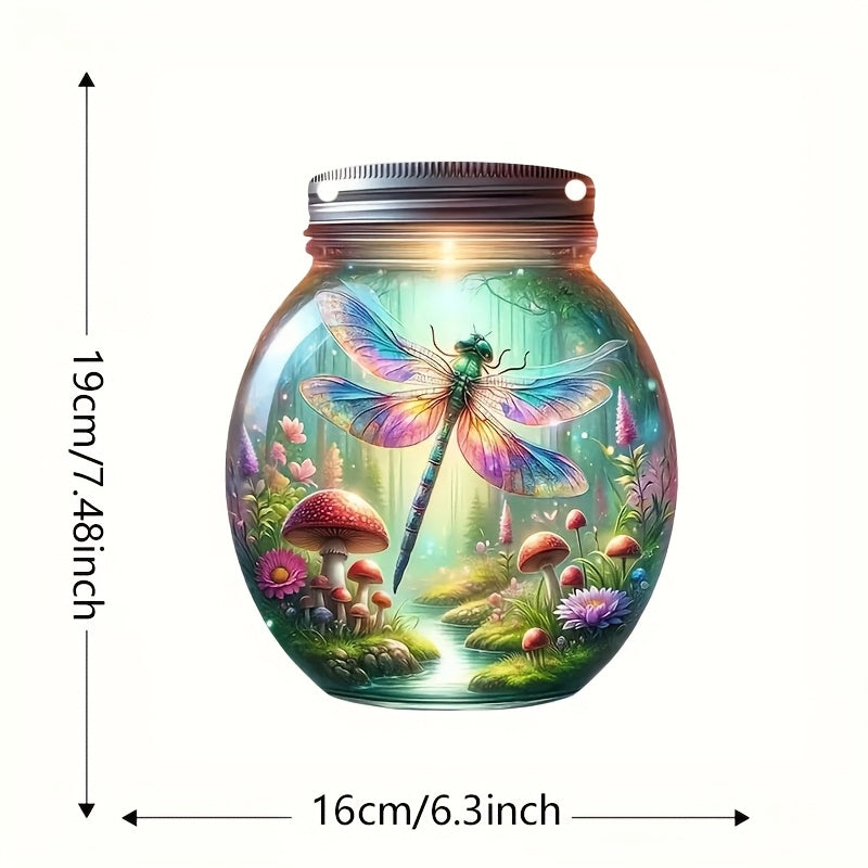 One whimsical WhimsyWoods acrylic suncatcher featuring a dragonfly and mushroom eco-bottle theme. Perfect for adding charm to your home or garden decor. Can also be used as a farmhouse Thanksgiving wreath hanging ornament. Makes a festive gift for both