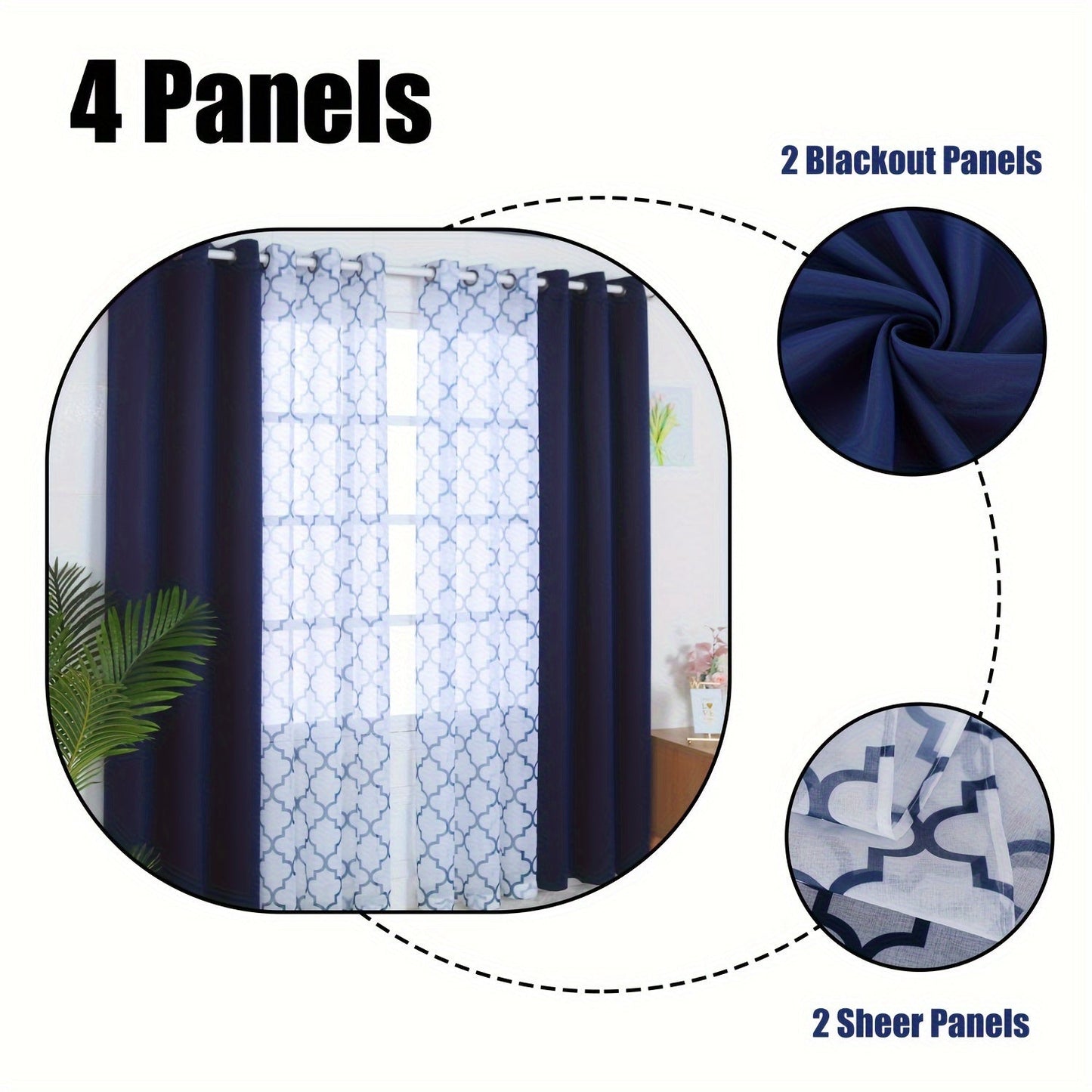 Blackout Curtains and Sheer Panels with Snowflake Pattern, Including Rods, Indoor Set of 4, Weighing 200 Grams in Total.