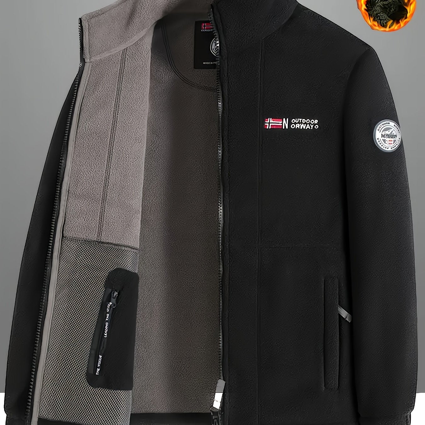 Men's winter fleece jacket with stand collar and zippered pockets, ideal for outdoor activities. Thick, windproof, and warm. Made from polyester fleece.