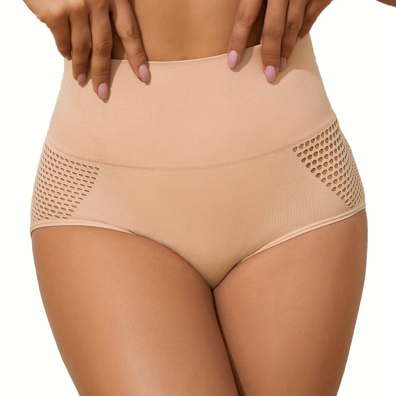 High-waisted tummy control shapewear panties with breathable mesh, perfect for postpartum body shaping. Made of 90% elastane and 10% briefs with hollow detail and knit fabric support.