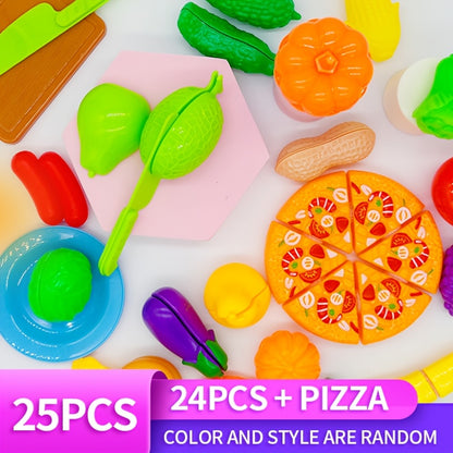 Toy set for multiple people with kitchen pretend food, accessories, fake fruits/vegetables, great for gifts.