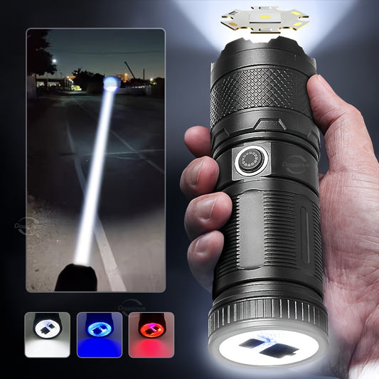 1pc PAWEINUO 30W LED Rechargeable Handheld Flashlight with 5 Modes, SOS Function, and 2600mAh Lithium Battery.