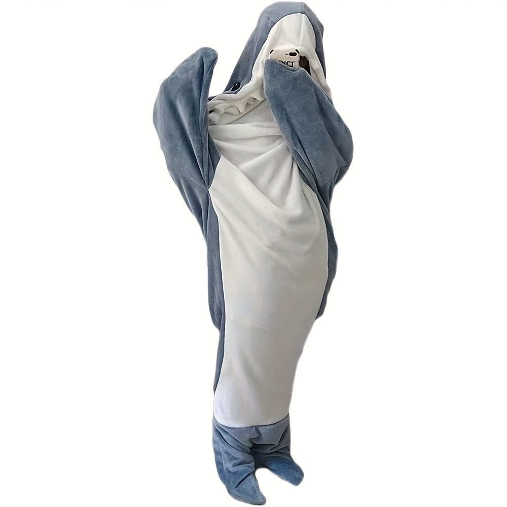 Stay warm and cozy with the 1pc SOWOIOM Cozy Shark Wearable Blanket. Made from soft flannel and featuring a stain-resistant blue with a white shark design, this blanket is perfect for boys and girls. It is machine washable and can be used as a sleeping