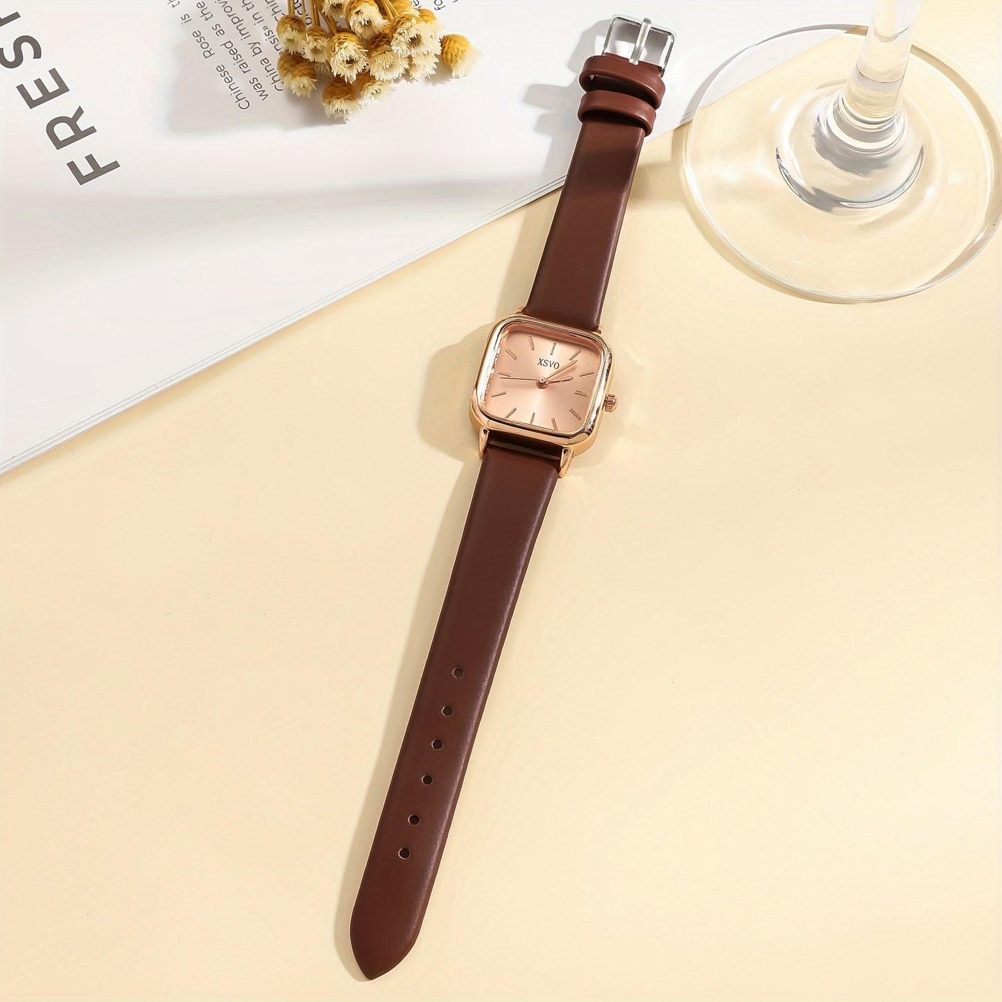 Women's casual square wrist watch with quartz movement, zinc alloy case, PU leather strap, electronic drive, and non-rechargeable button battery - a fashionable accessory for daily wear.